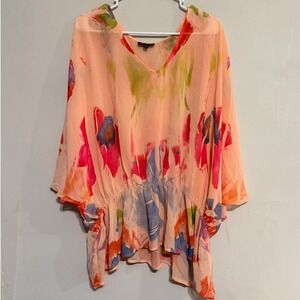 Y2K UNIQUE SPECTRUM Plus 3X Peach Floral V Neck Kimono Sleeve Tunic Boho Beach